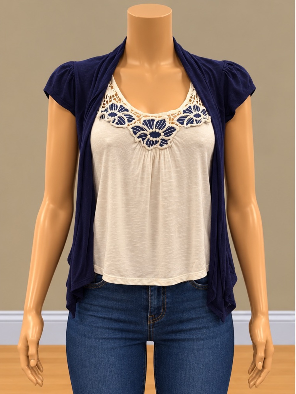 Vintage Y2K Wet Seal Navy Cream Crochet Layered Tank Shrug Top XS
